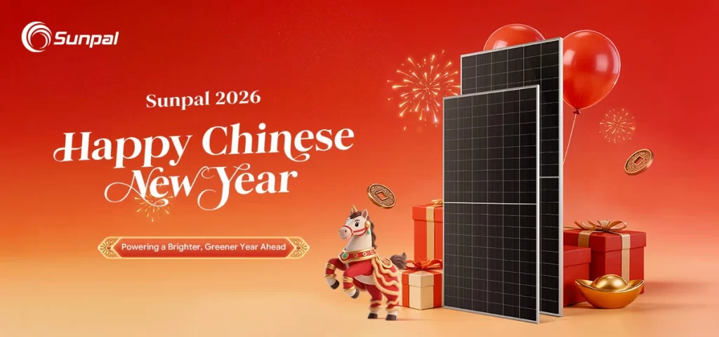Festive banner featuring Sunpal branding, solar panels, red lanterns, gold coins, and a horse figurine against a red celebration background.