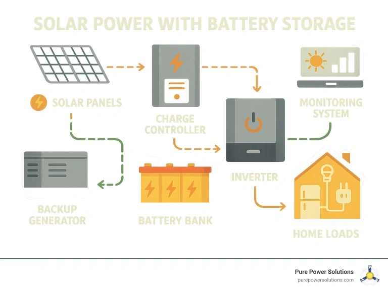 Schematic of a residential solar power system with labeled components: solar panels, charge controller, battery bank, inverter, monitoring system, backup generator, and home loads; arrows show energy flow between parts.